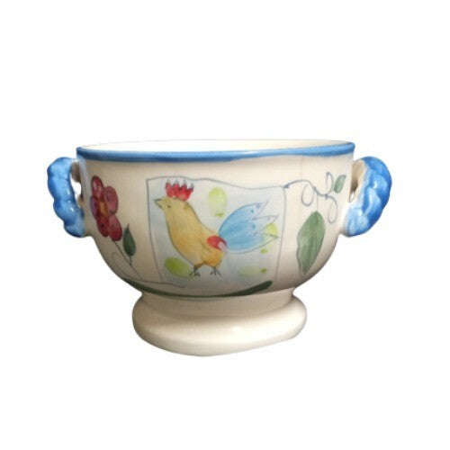 Gibson China COSABELLA Rooster Soup Cereal Bowl Blue Handles 5” Farmhouse