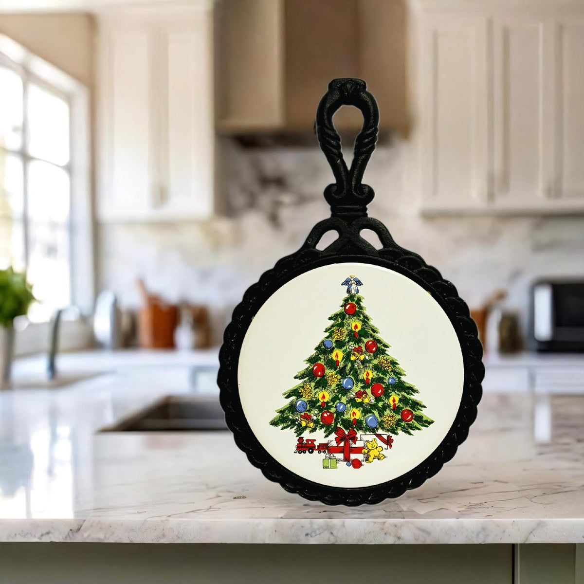 Vintage Wrought Iron 2-TRIVET Ceramic Tile Christmas Holiday Wall Hanging Cast