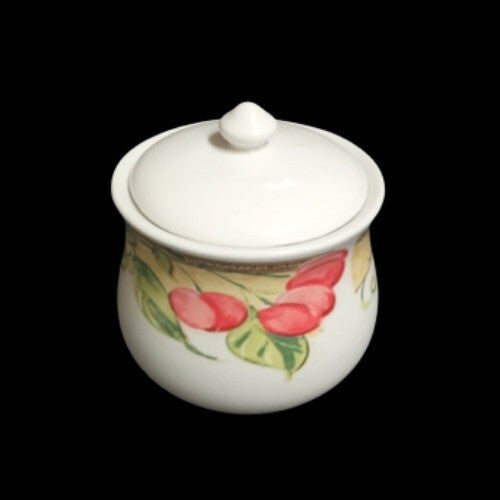 Gibson Designs FRUIT GROVE Sugar Bowl & Lid Cherries Grapes 3 ¾”H White & Fruits