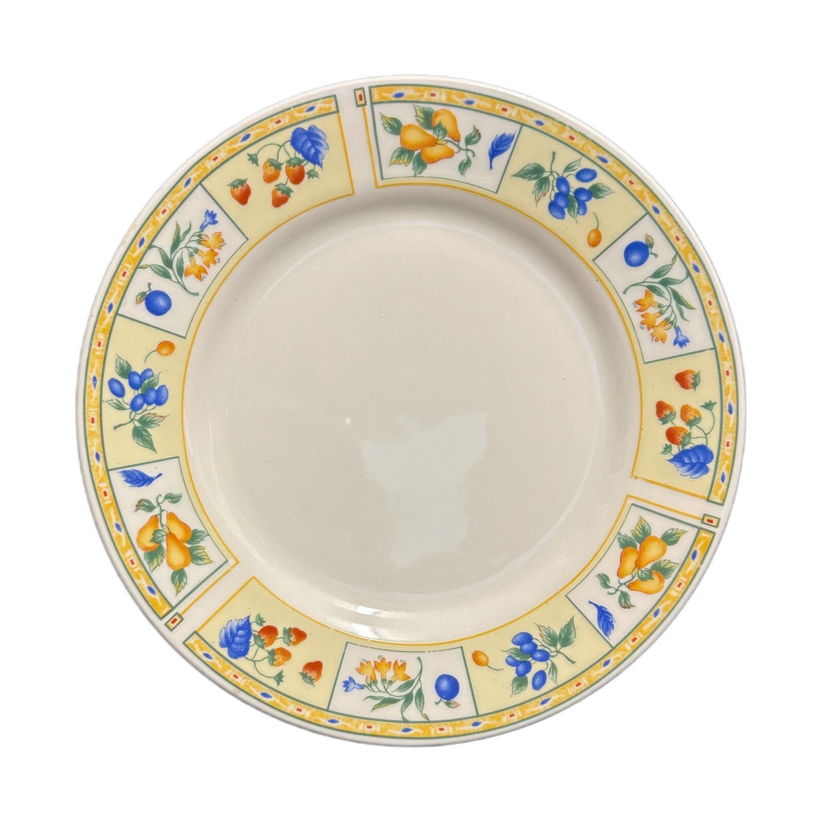 Gibson Designs FRUIT A PLENTY 4-Salad Plates Fruits Yellow Border Dessert Dish