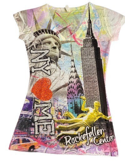 Miss Posh NY V-Neck Graphic Tee Small Statue of Liberty Empire State Top