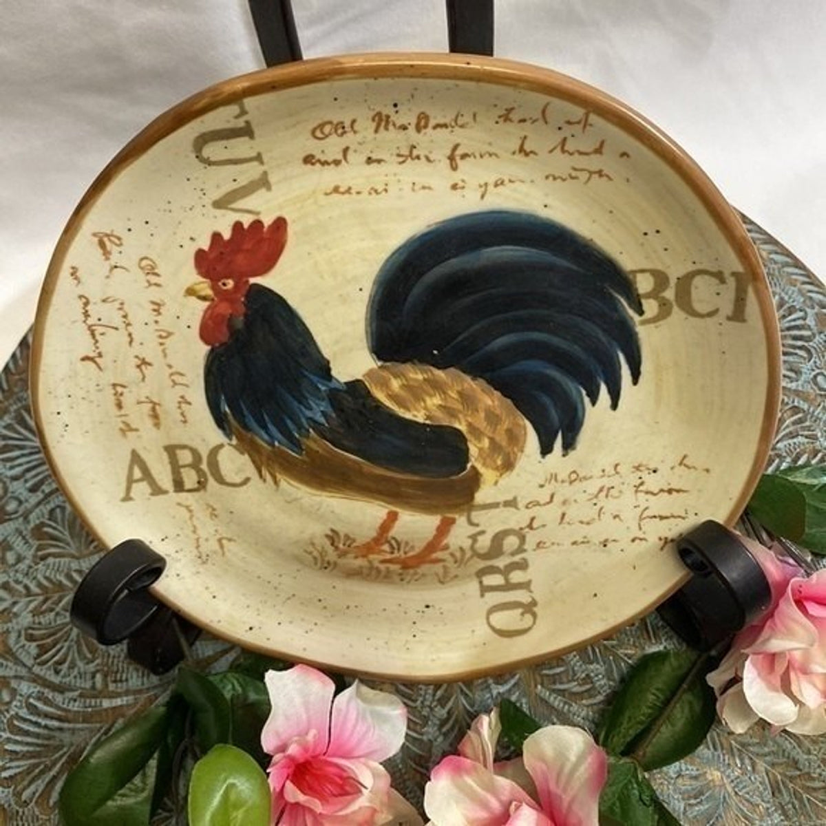 Vintage Rooster 4 Brown Beige Salad/Dessert Free Form Ceramic Plates 8 1/4”D