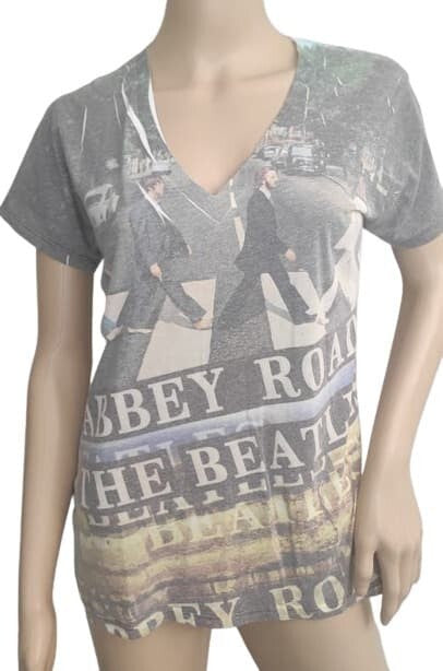 T-Shirt Abbey Road The Beatles L  Woman Gray White Yellow Tee V Neck Top