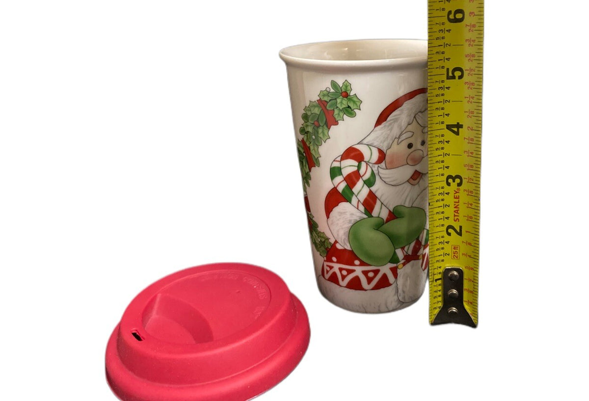 Fitz & Floyd Travel Mug Christmas CANDY CANE SANTA Holly Berry Red Silicone Lid