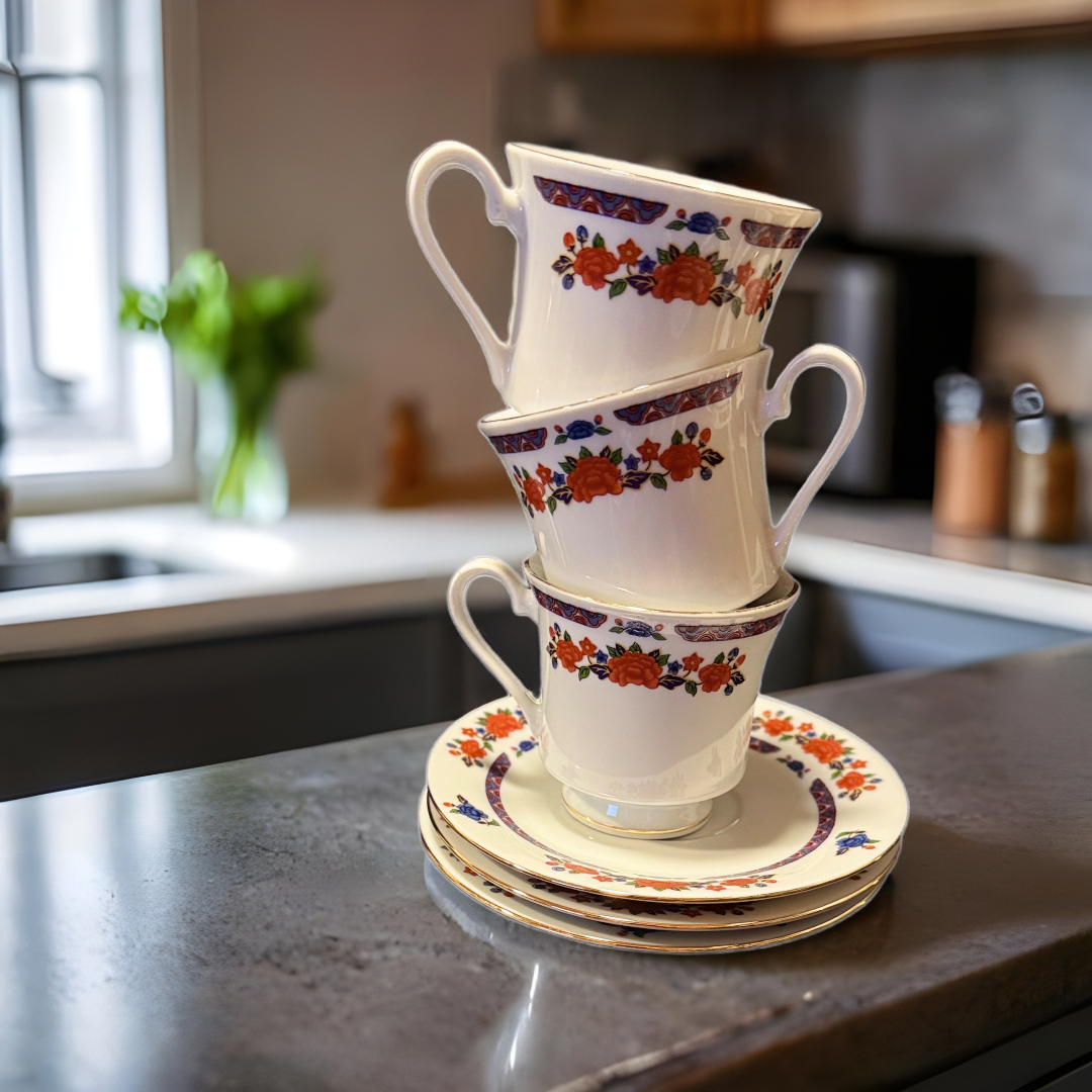 3 CROWN MING OLD IMARI Cup & Saucer Sets Jian Shiang China Faded Gold Trim