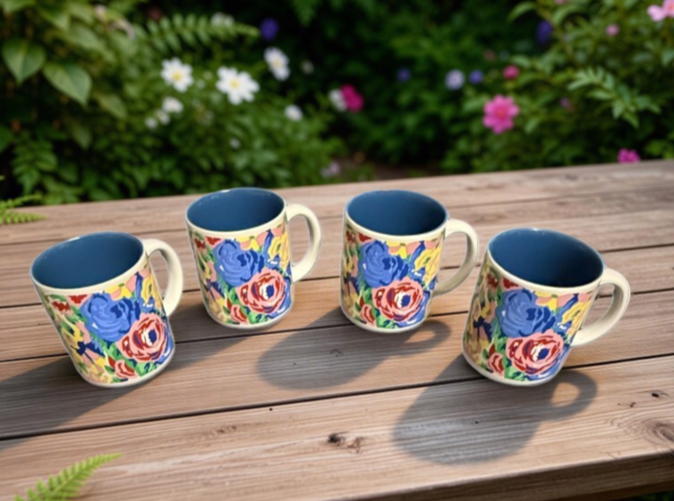 KIC Franco Hand Painted Style Floral Coffee Mugs Set 4 Blue Interior Korea 10 oz