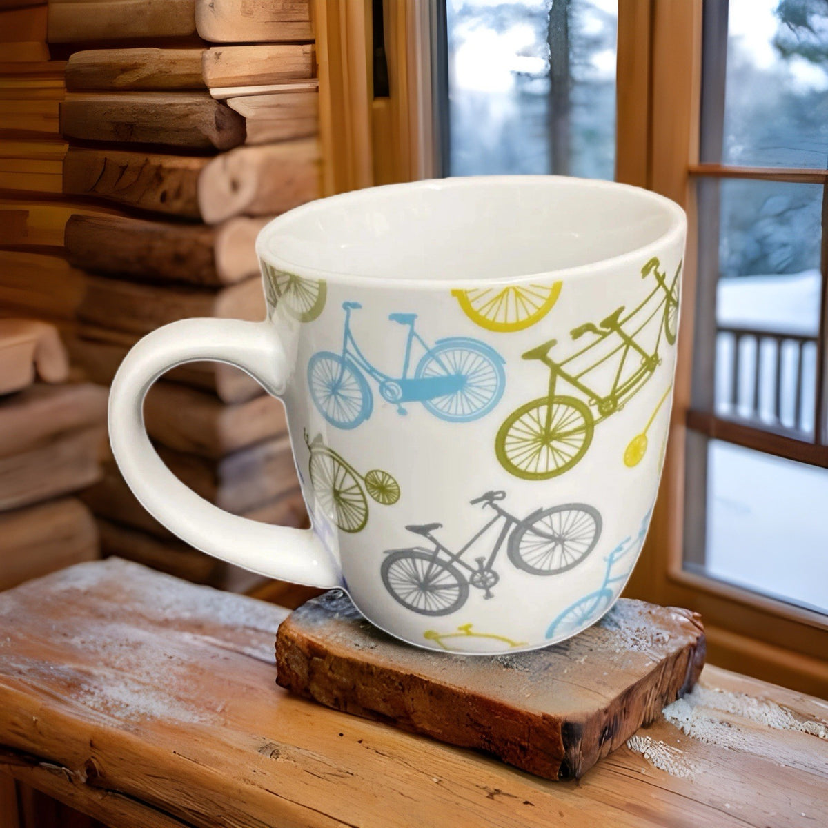 NOW Designs Bicycle Print White Ceramic Coffee Mug 12oz Cup