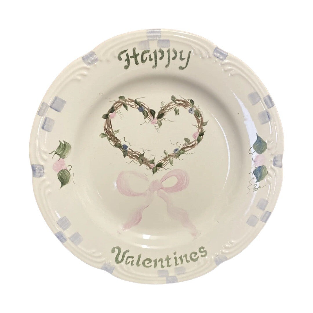 Pfaltzgraff Happy Valentines 10.5” Dinner Plate Heart Wreath Pink Bow