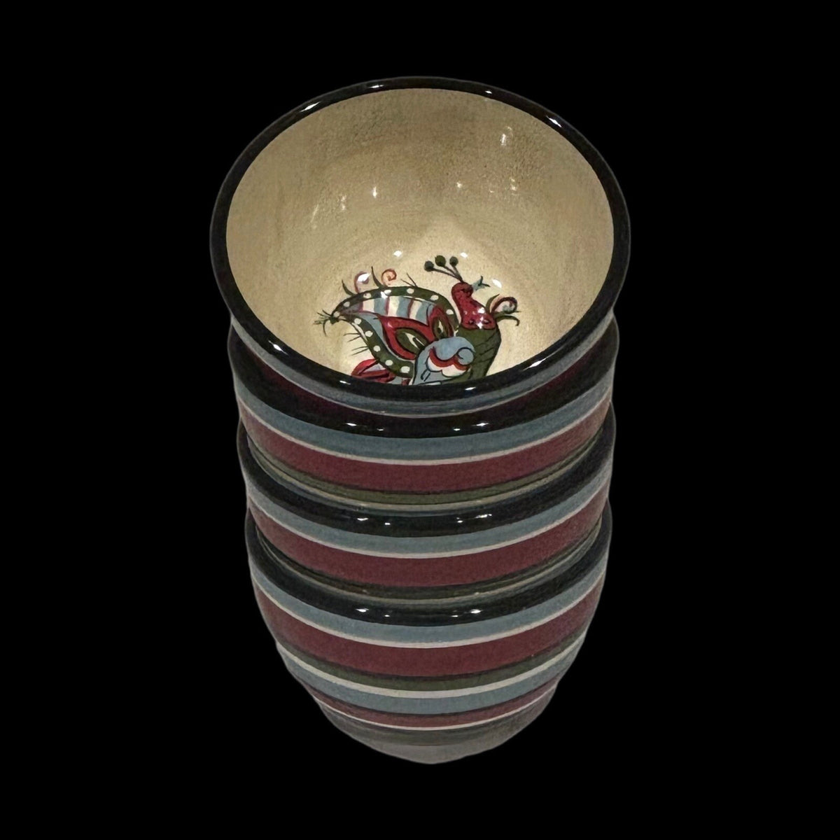 Tabletops Unlimited BOULEVARD 4 Cereal Bowls Hand Painted Bird Striped Soup Dish