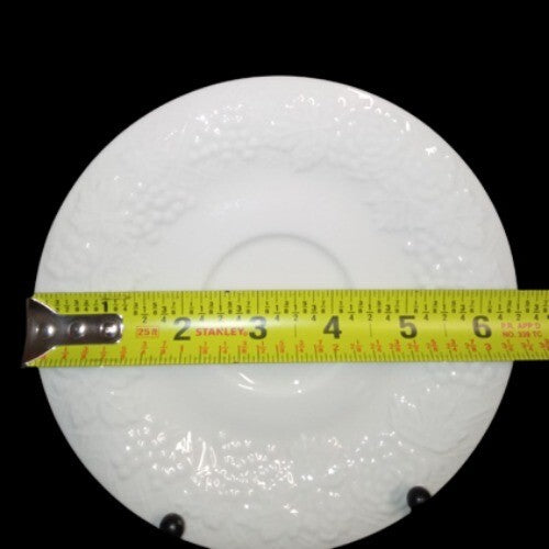 Gibson Designs FOUR SEASONS 4-Saucers 6 ½” D All White Embossed Fruit Floral Rim
