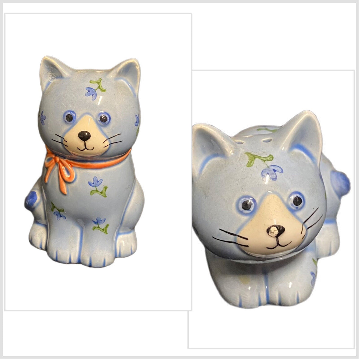 Vintage Otagiri Salt & Pepper Shakers Whimsical Blue Cat & Flowers Ceramic Japan