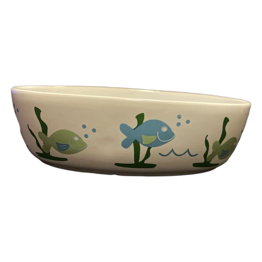 PetRageous Designs White Oval Cat Bowl Stoneware Food Water Dish Green Blue Fish
