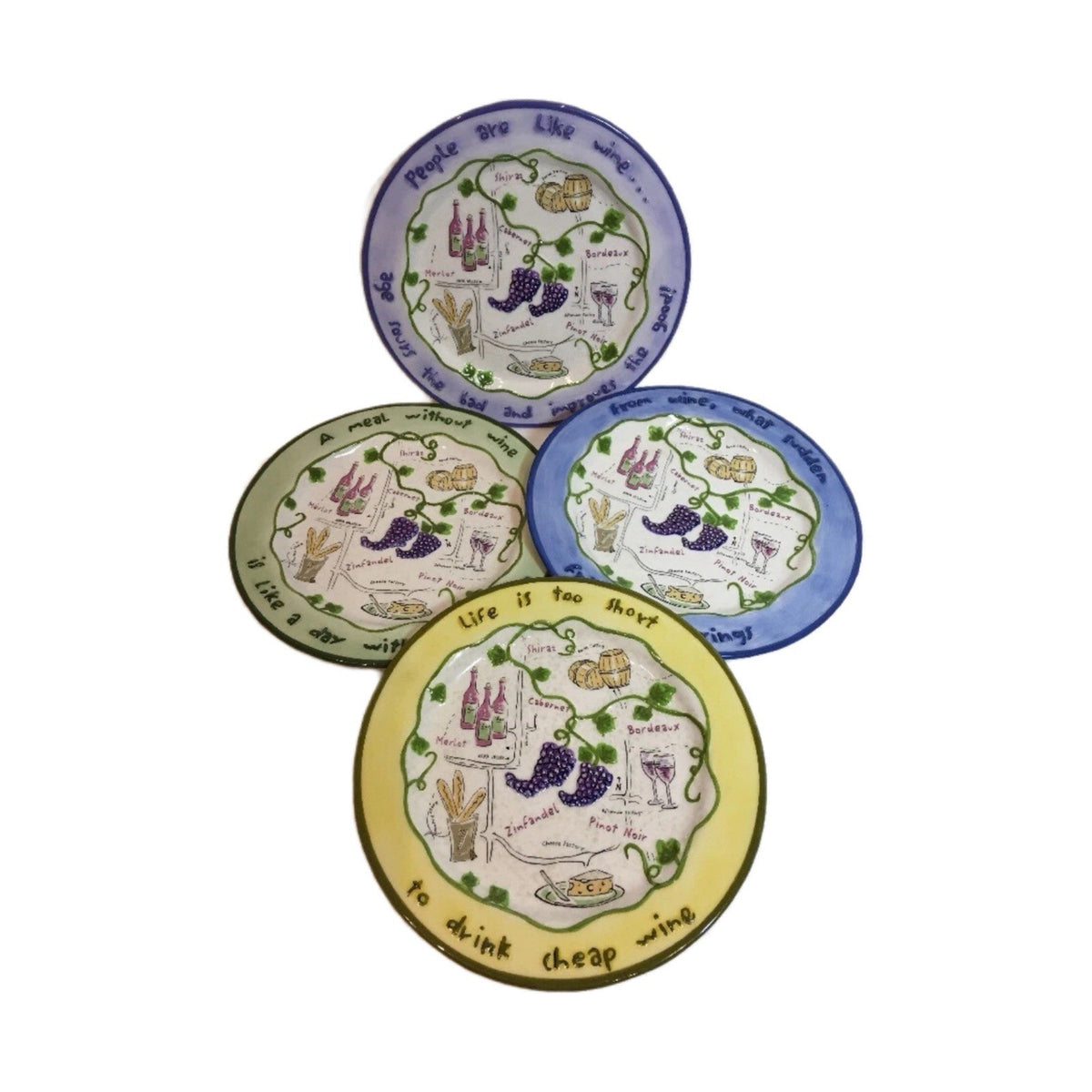 Rene Dubois Napa Valley Wine Trail 4 Salad Plates Quotes Grapes Cheese Wine