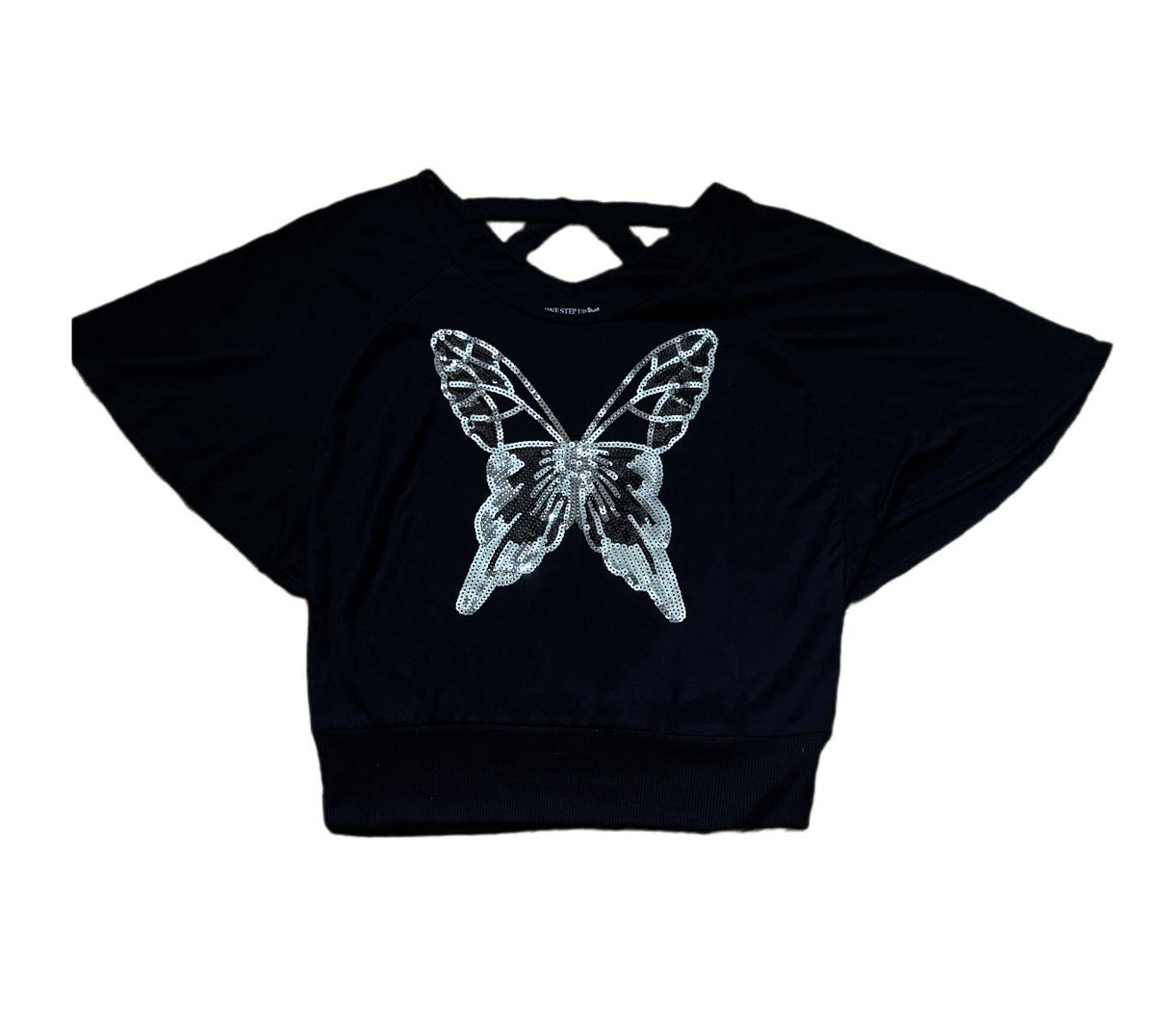 Girls L Black Sequin Butterfly Crop Top One Step Up Criss-Cross Back Tee