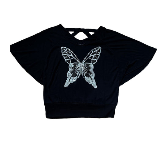 Girls L Black Sequin Butterfly Crop Top One Step Up Criss-Cross Back Tee