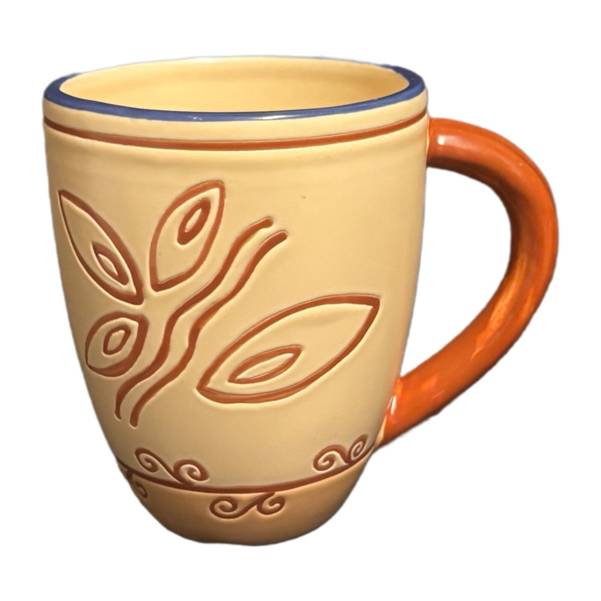 Pfaltzgraff TIMBUKTU 2-Mugs Ceramic Coffee Tea Cups Blue Trim Orange Handle
