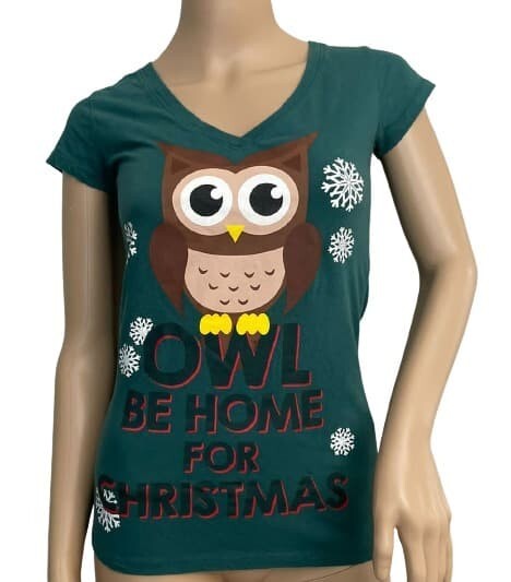 T-Shirt OWL be Home for Christmas L.O.L. VINTAGE Sm. V-Neck Cap Sleeves Green