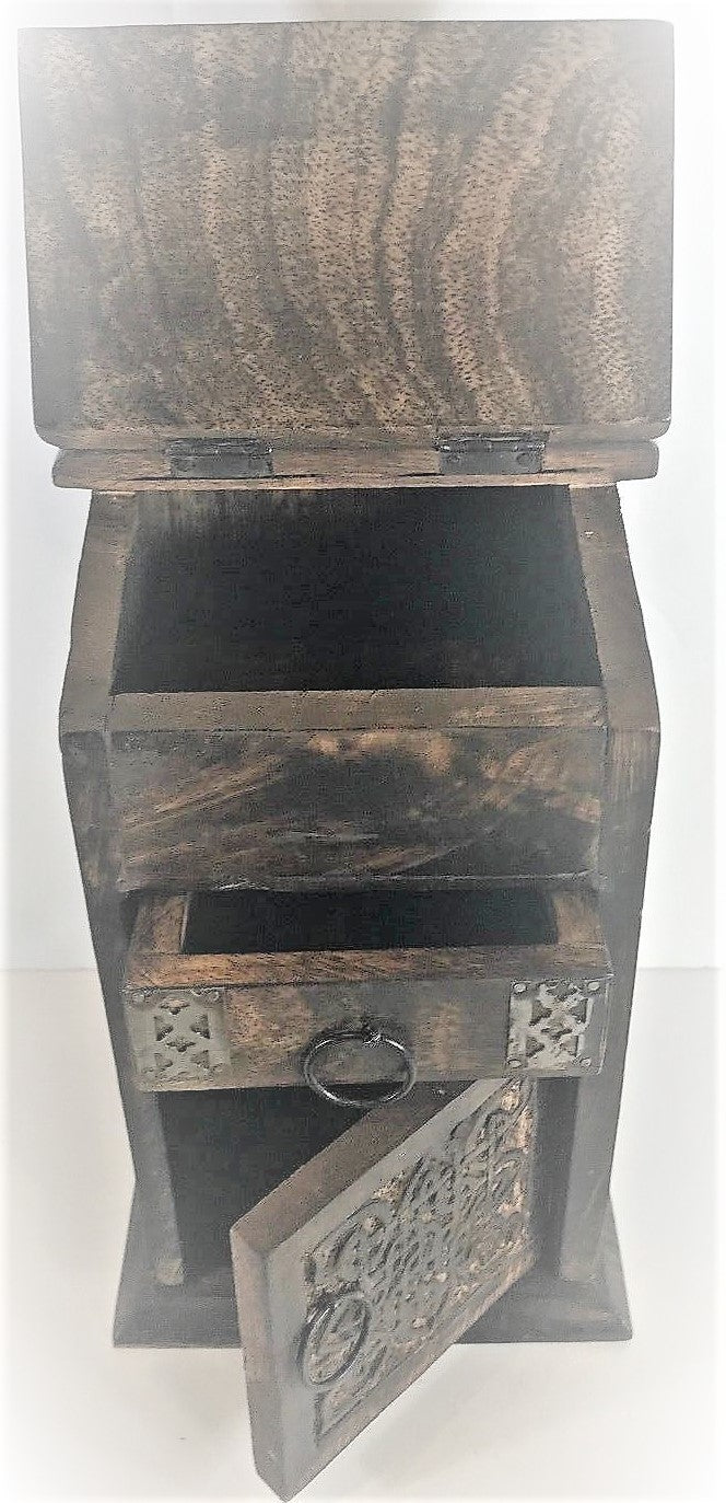 Vintage Look Mango Wood Jewelry Box Organizer Hand-Carved Treasure Chest 8.5" H