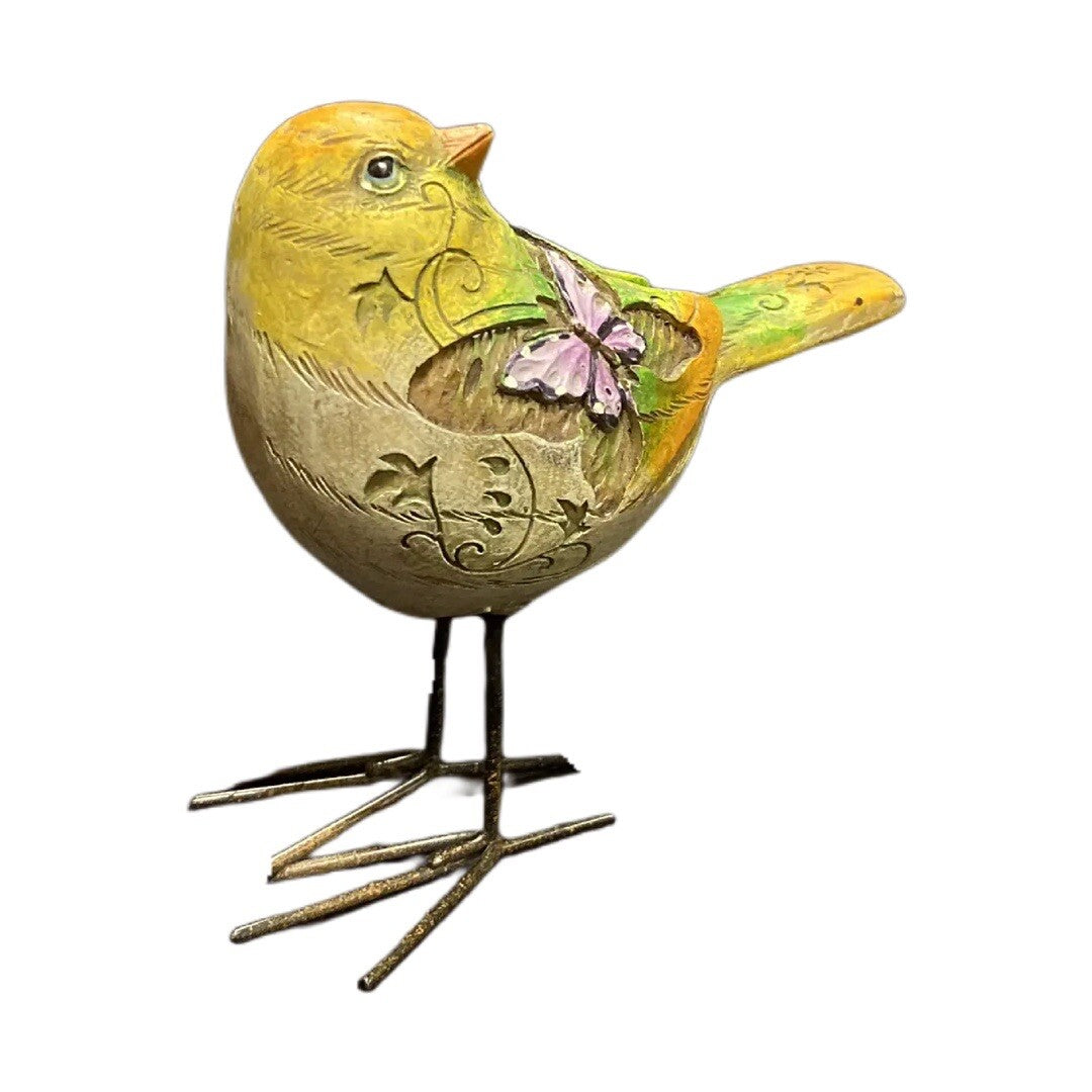 Hand Painted Ceramic Bird Figurine with Butterfly | Green Yellow Metal Accents