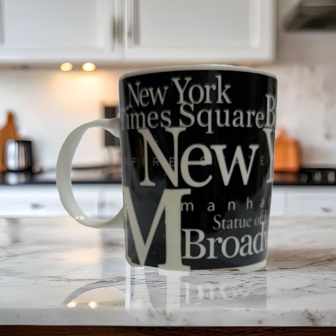 Jay Joshua NY New York Typography Mug Black White NYC Broadway Statue of Liberty