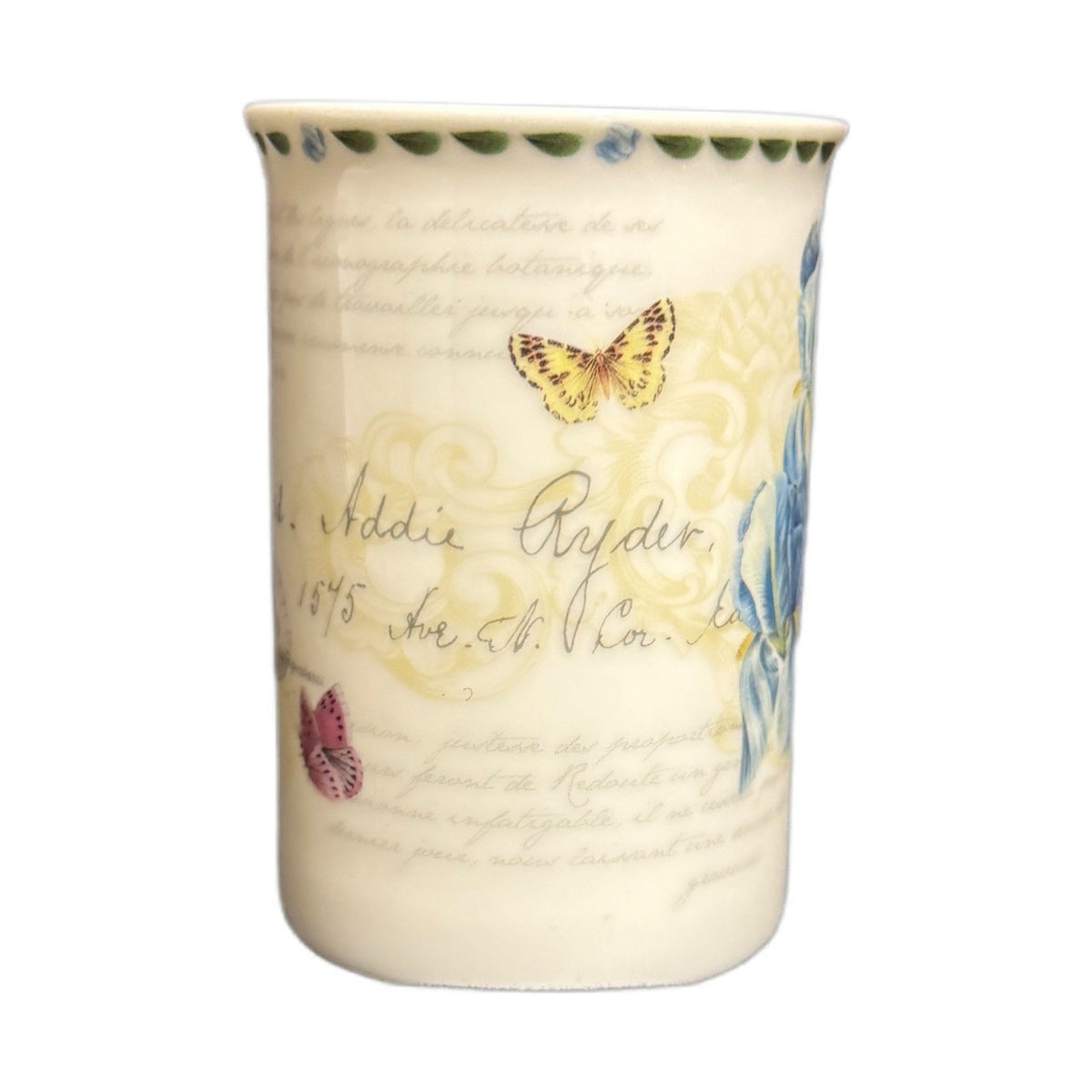 Kent Pottery Bone China Mug Blue Iris Butterfly Floral Tea Coffee Cup 10 oz