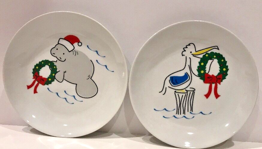 FLORIDA MARKETPLACE 4 Dessert Plates Manatee-Flamingos-Dolphin-Pelican 6 1/2" D