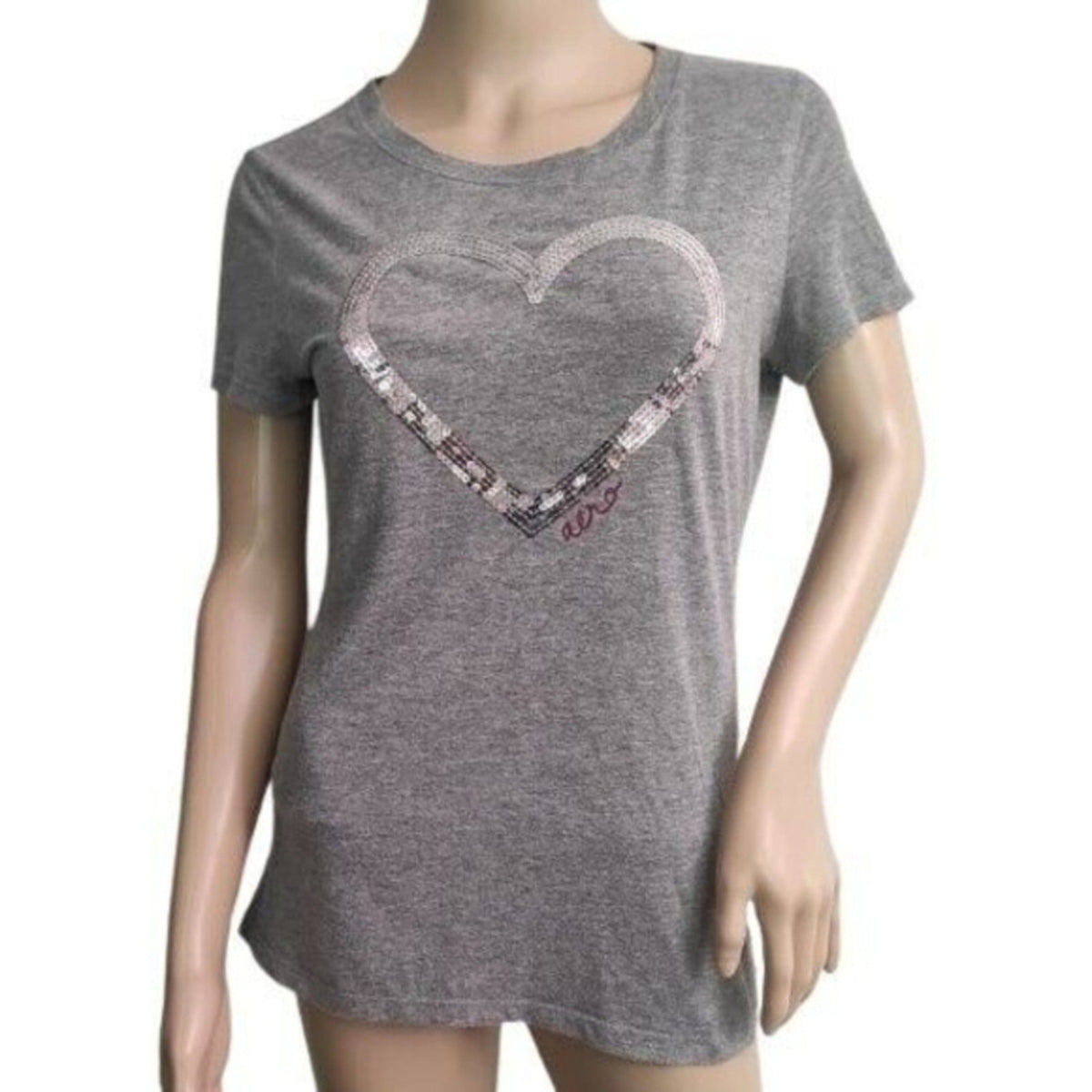 Aeropostale T-Shirt Heart Embellished Sequins L Gray Short Sleeves Crew Neck Top