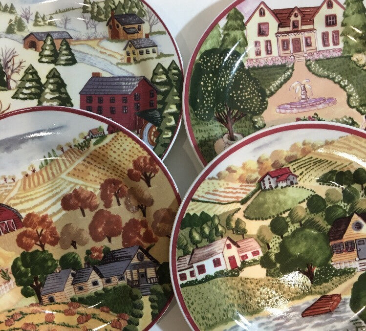 Rare Gibson Housewares 4-Salads Plates Farm Scene Village Dessert Dishes 8" D