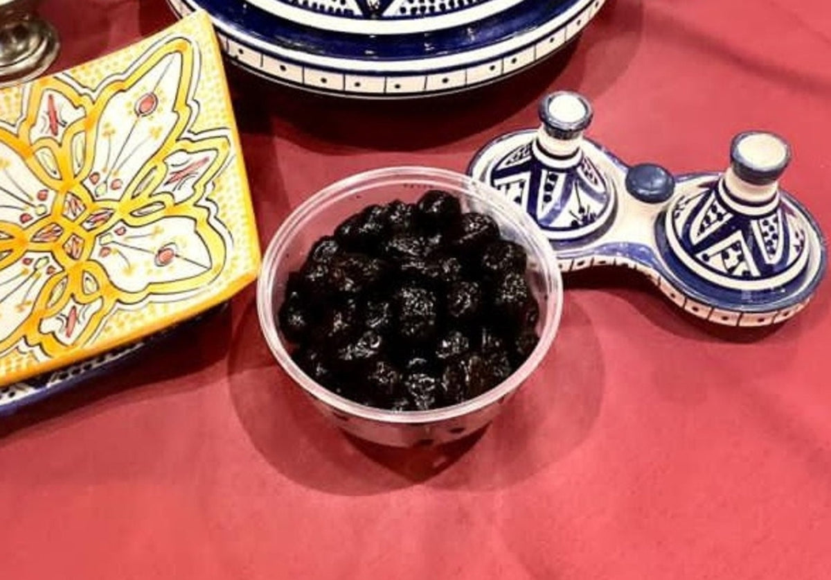 Moroccan Sun Cured Black Olives (No Pits) in Extra Virgin Olive Oil 8 Oz