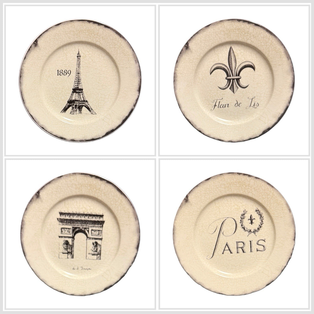 Santa Barbara Marco Fabiano Paris Plates Set of 4 Eiffel Arc Fleur 8.25” Decor