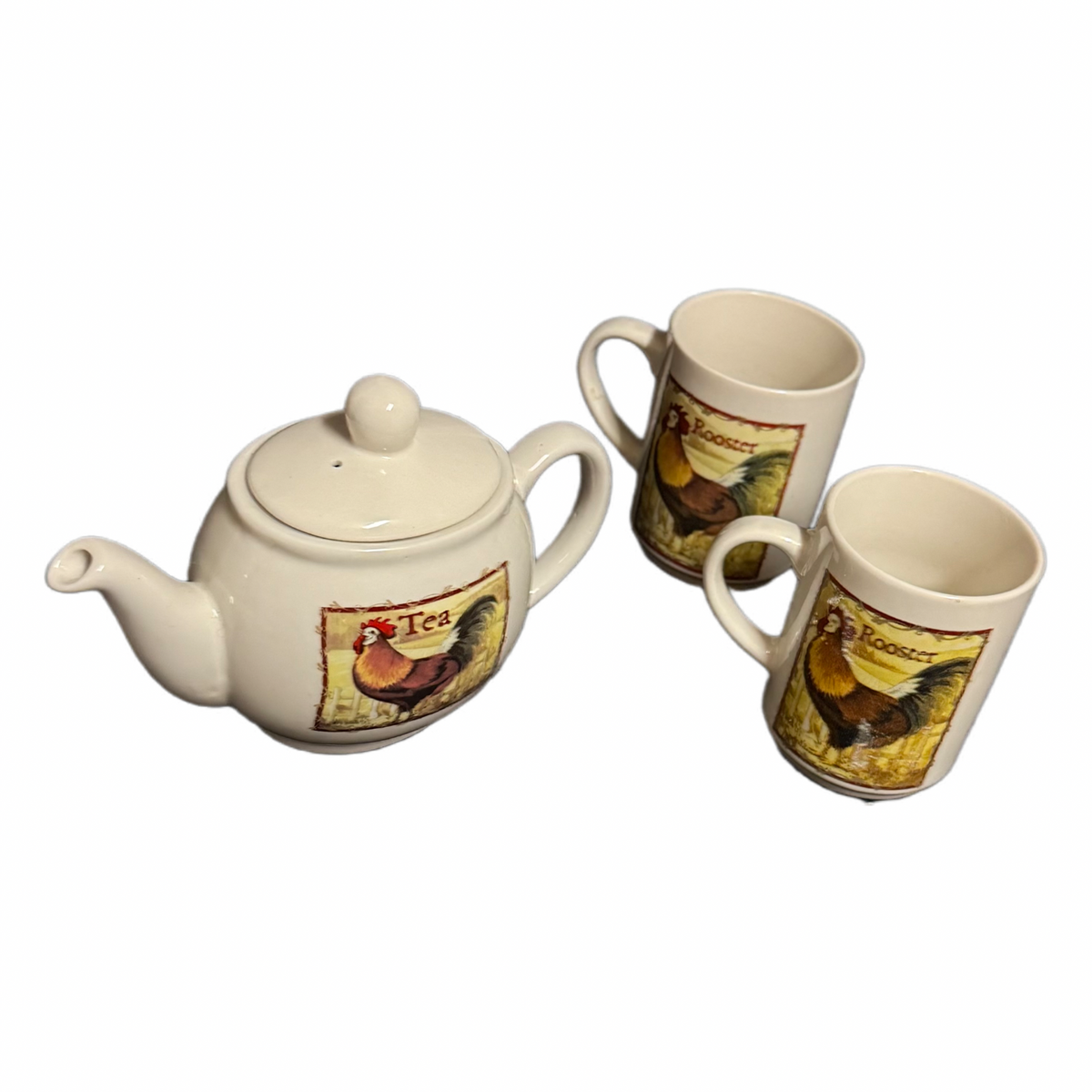 Bay Island Rooster Teapot & 2 Mugs Set Ceramic Farmhouse Chicken Theme
