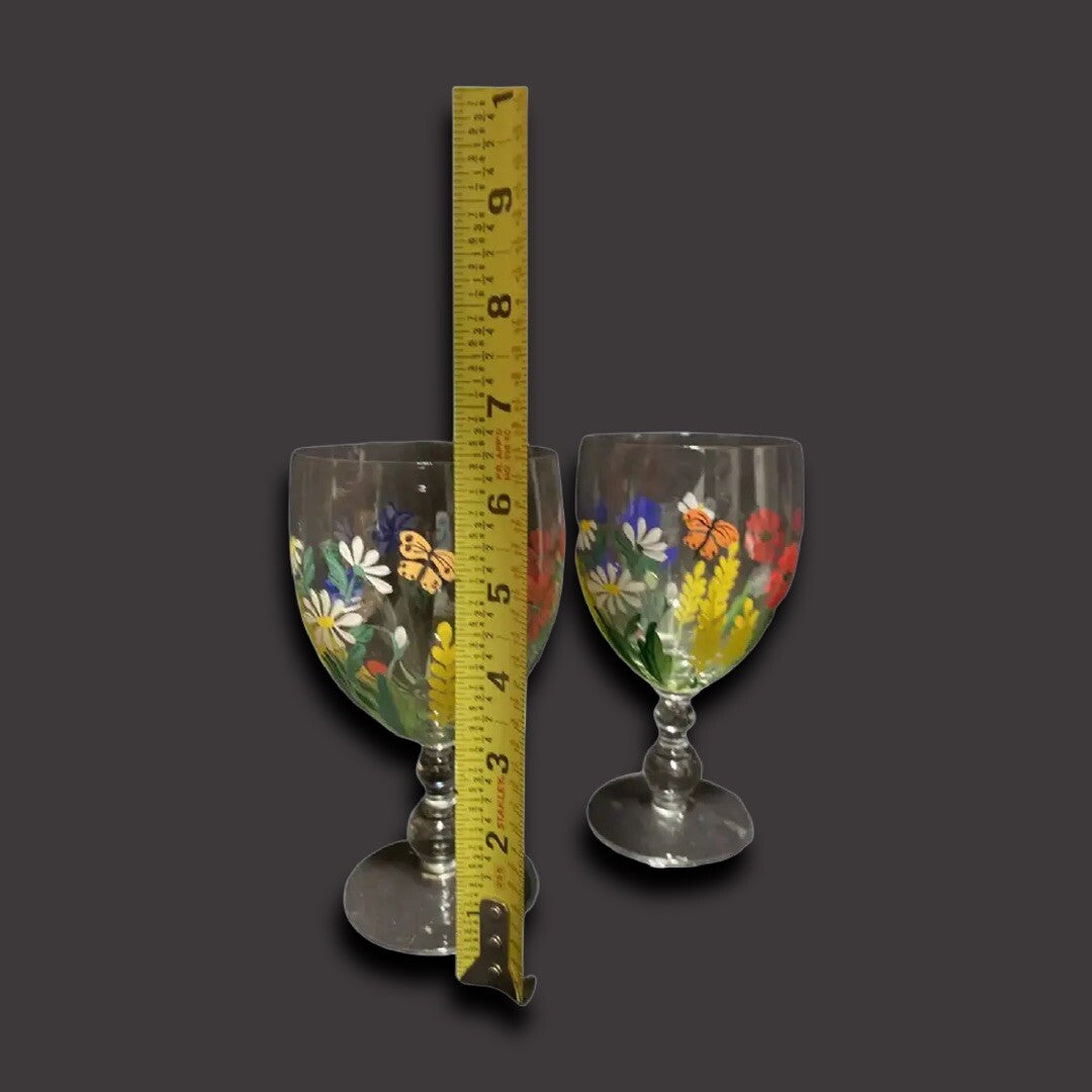 2-Hand Painted Wine Juice Water Cocktail Clear Glass Colorful Flowers Butterfly