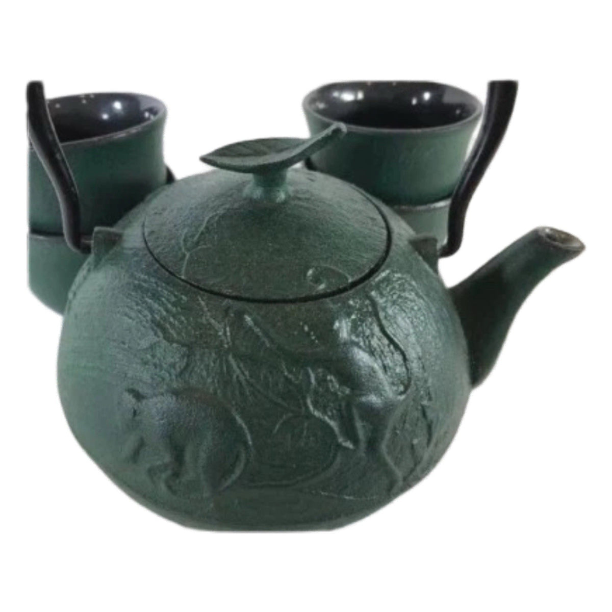 Japanese Cast Iron Teapot Set w/ 4 Cups Green Monkey & Bamboo Enamel Interior