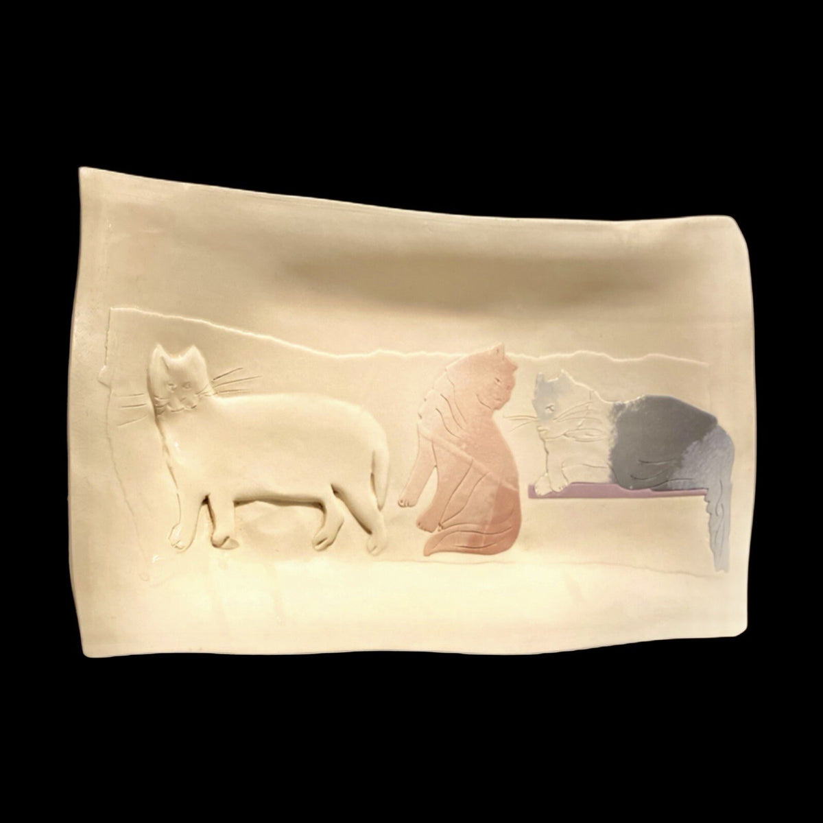 Vintage Raised Cats Platter Signed KAMRASS KIOK Embossed Clay NYC Studio Pottery