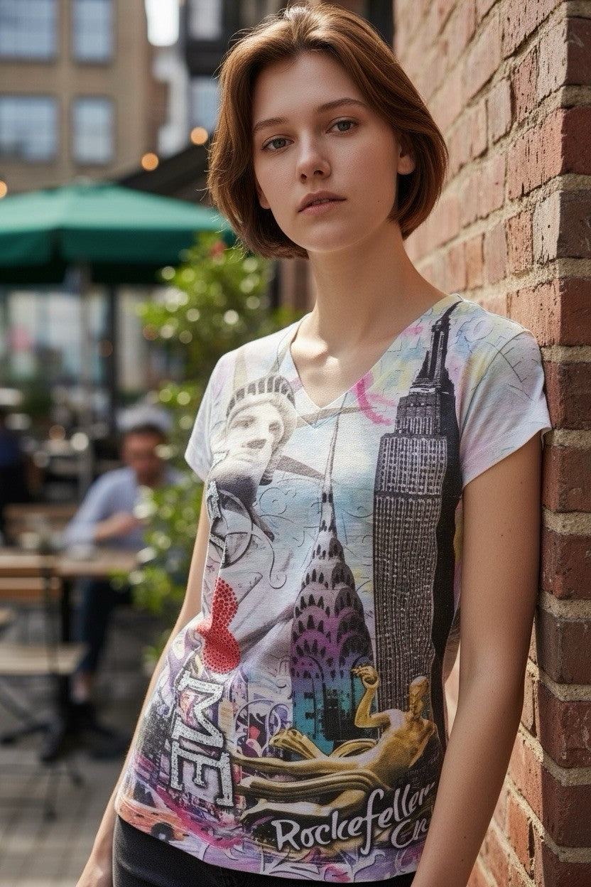 Miss Posh NY V-Neck Graphic Tee Small Statue of Liberty Empire State Top