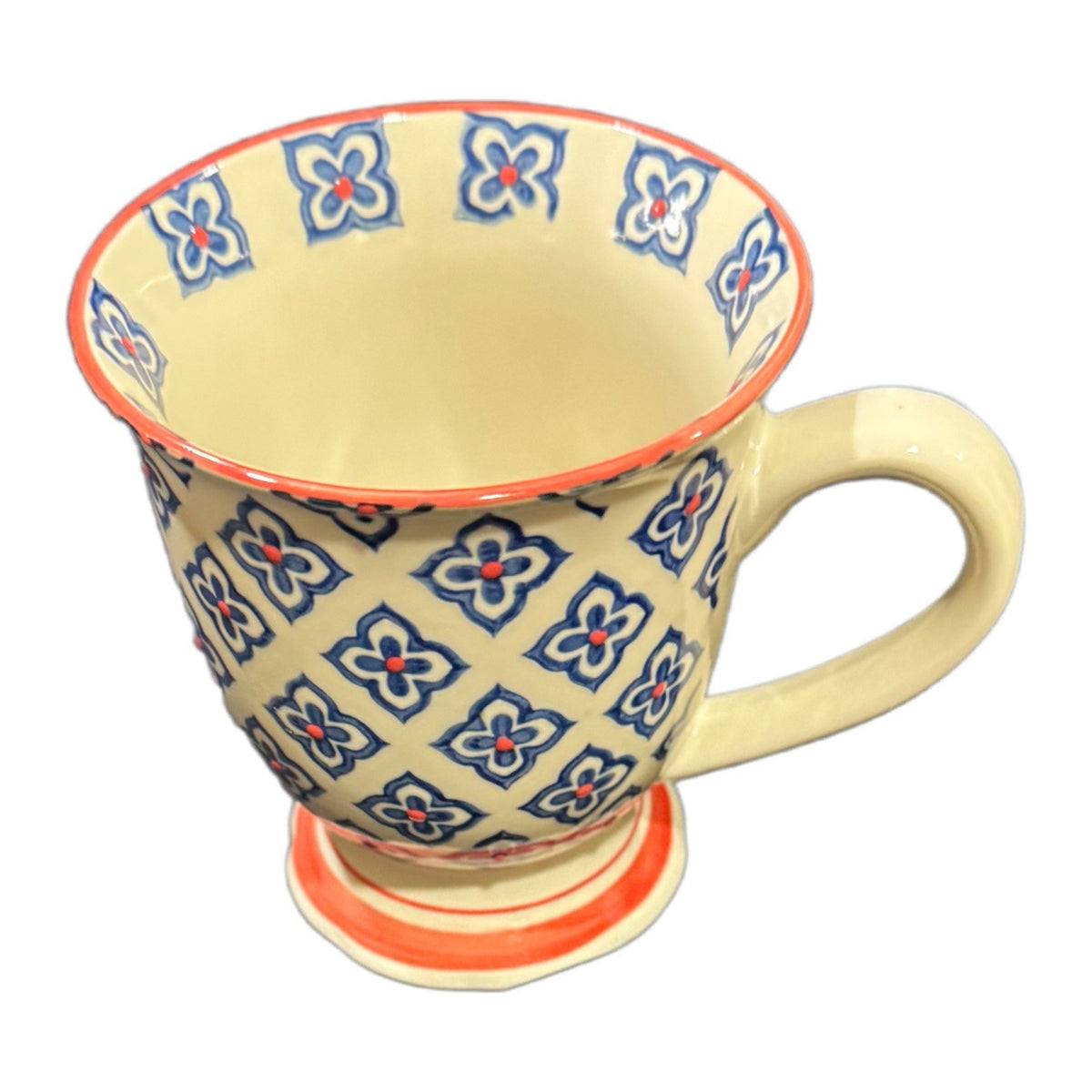 Royal Studio Pedestal Mug 4.25” Hand Painted Blue Red Floral Tile Coffee Cup