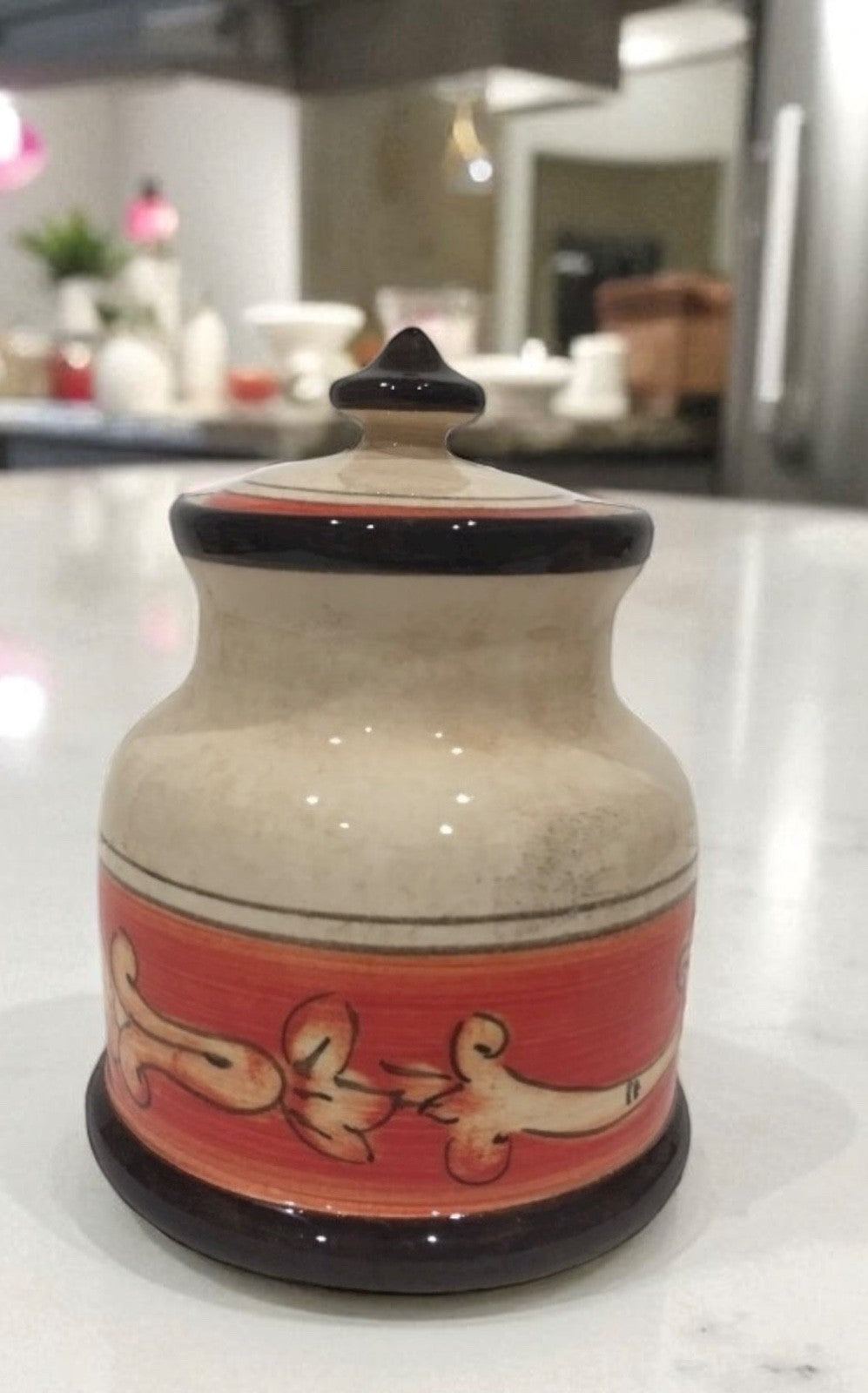 Opera Nova Handcrafted Condiment Jar Red Beige Floral Stoneware w/ Lid 6.5”H