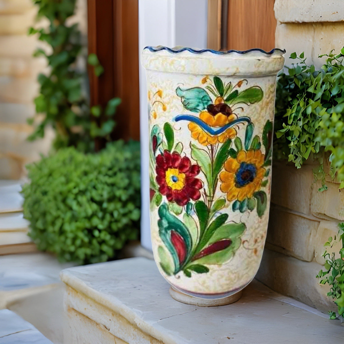 Italian Hand Painted Terracotta Vase Majolica Pottery Umbrella Holder 16 3/8”H