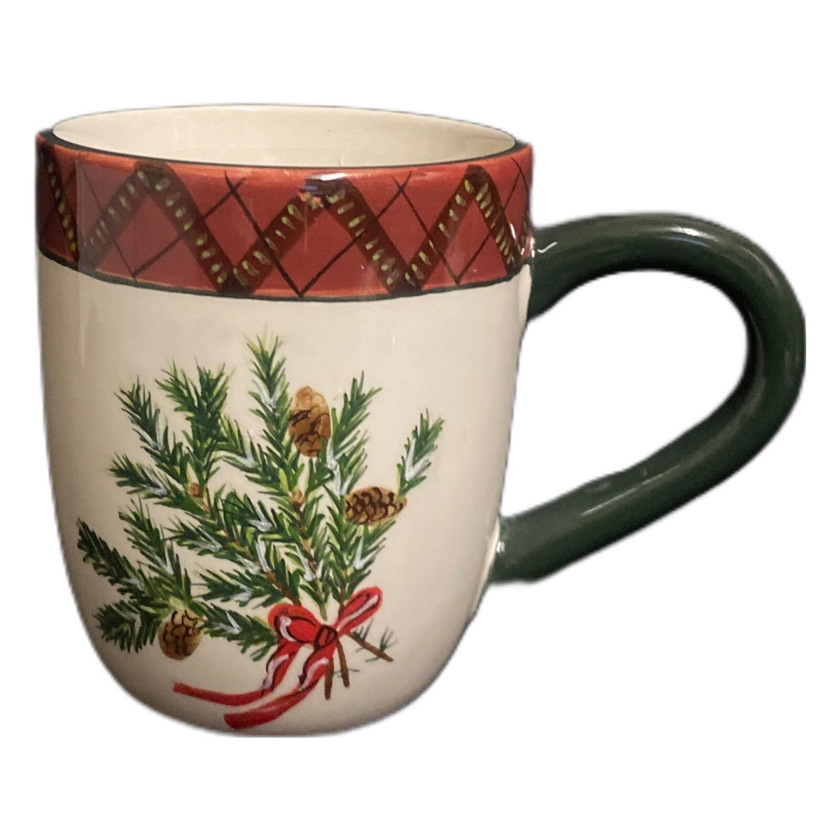 Sakura Holiday Greens 4-Mugs Red Green Plaid Border Coffee Tea  Stoneware Cup