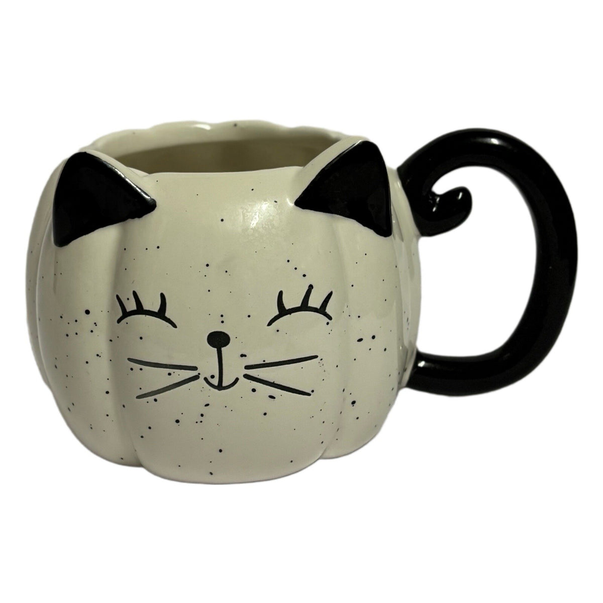 ECCOLO Mug Black & White Speckled Pumpkin Cat Coffee Tea 3D Face & Tail Handle