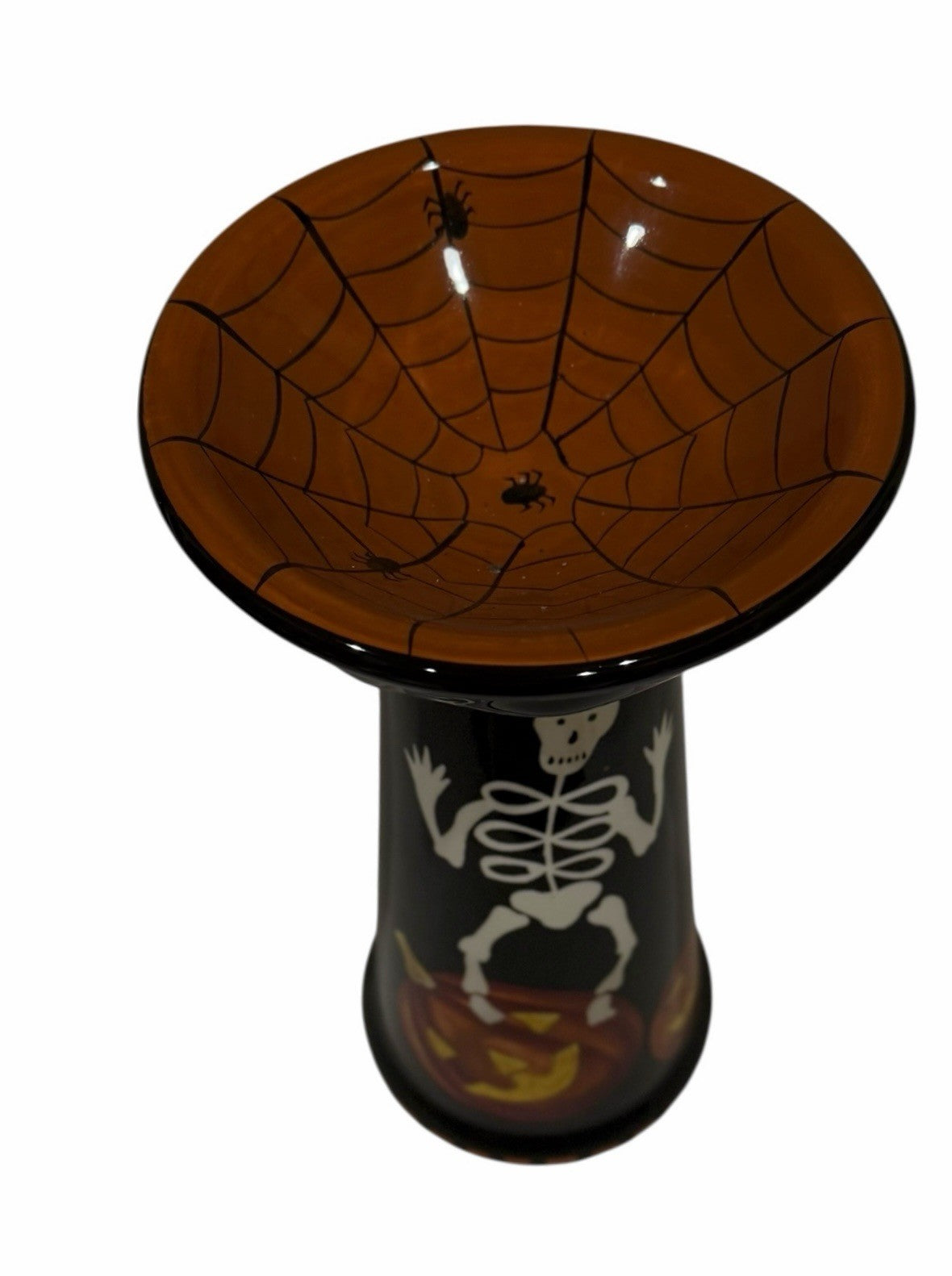 Gates Ware Halloween Skeleton Pumpkin Candy Bowl 11” Pedestal Spiderweb Ceramic