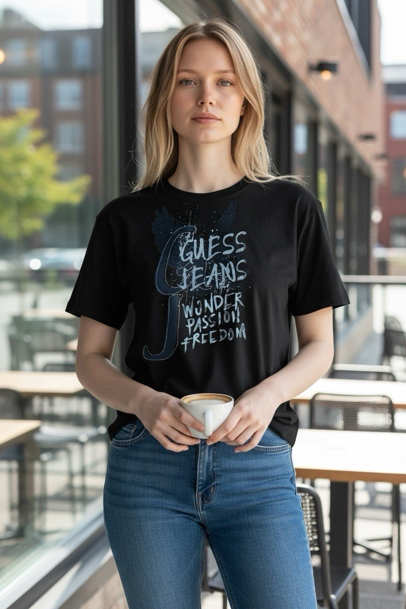 Guess Jeans Women's Black T-Shirt Silver Embellished Wonder Passion Freedom L