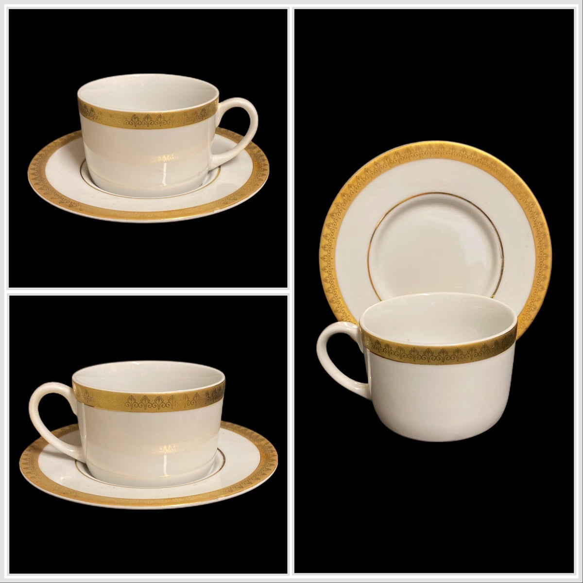 Gabbay QUEEN VICTORIA 6-Cups 6-Saucers Ceramic White Gold Border Trim Coffee Set