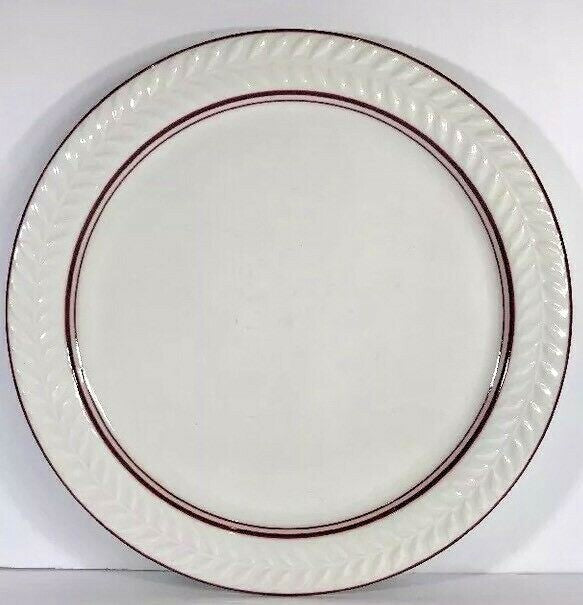 Vintage SHENANGO China 7-Dinner Plates Syracuse Embossed Laurel Red Band 10.5"D