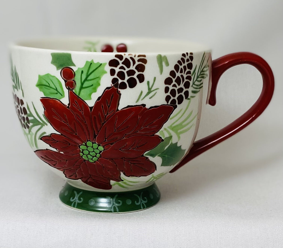 Dutch Wax Footed Cup Coastline Imports Hand Painted Poinsettia Holly Berries