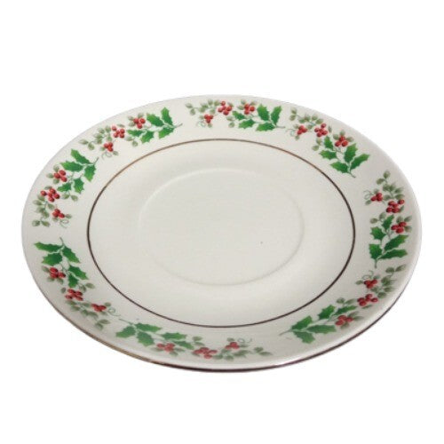 Gibson Everyday CHRISTMAS CHARM 2-Saucer 6" D Holly Berry Charm Gold Rim Trim