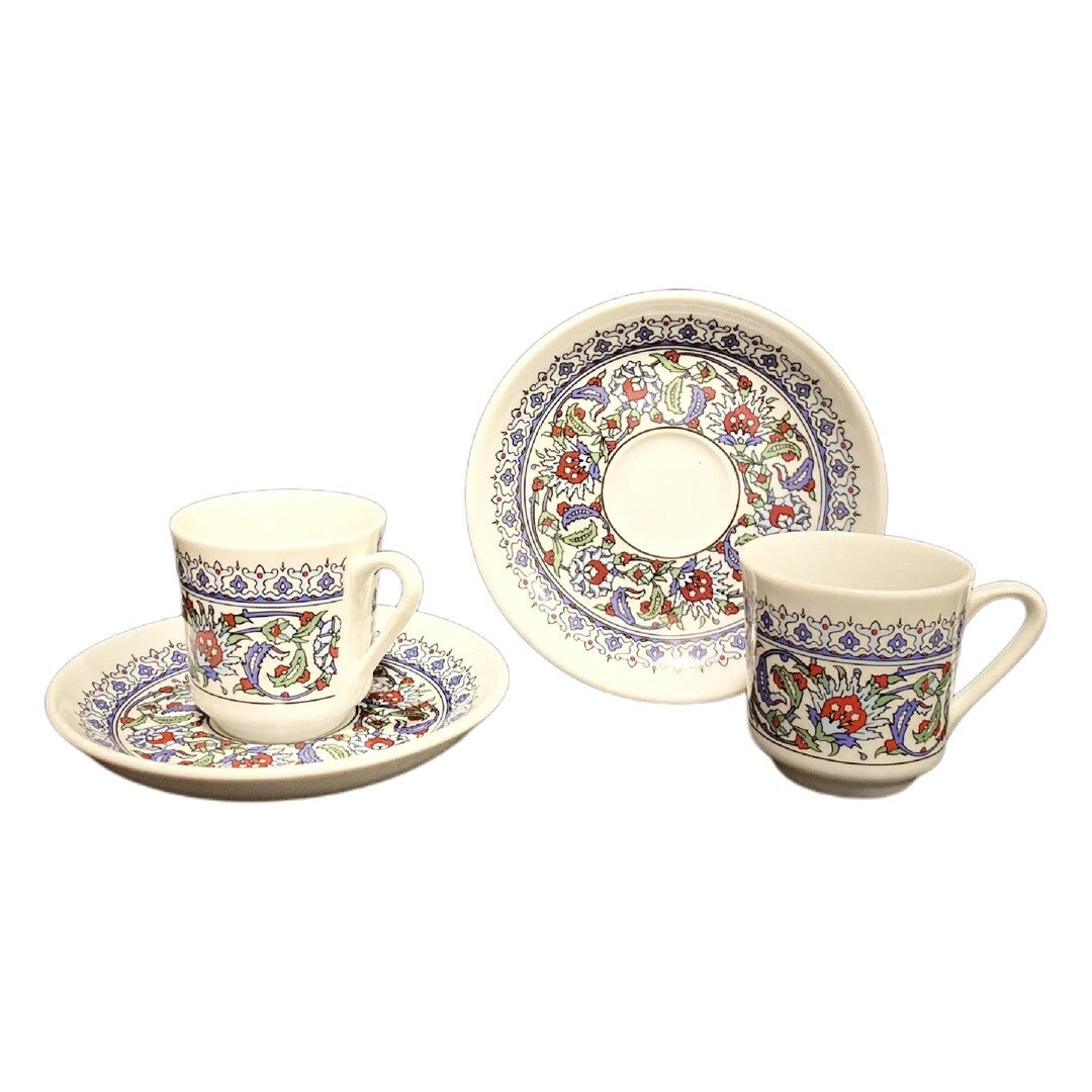 Turkish Coffee Espresso Cups & Saucers Set of 2 Floral Geometric Porcelain