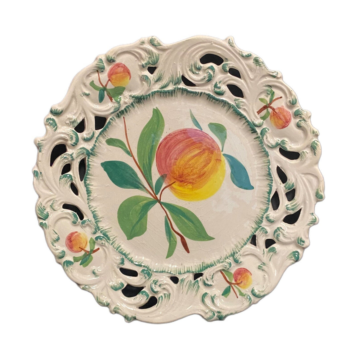 ITALIAN Pottery Accent Plate Hand Painted Peach Fruit Reticulated Signed # 9448