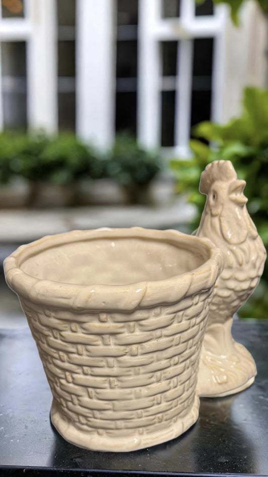 Ceramic Rooster Basket Planter — Cream, Farmhouse Country Decor, 5.5" (Vintage)