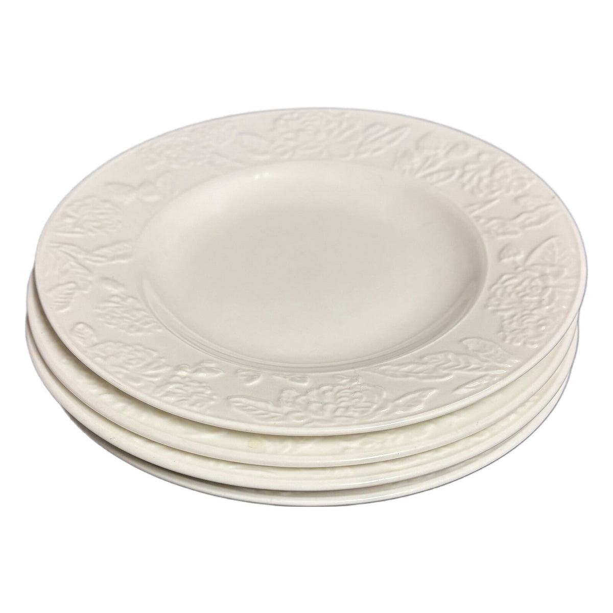 Martha Stewart VINTAGE ROSE 4-Salad Plates Embossed White Dessert Ceramic Dish